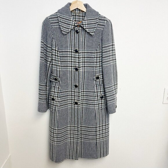 Tory Burch Jackets & Blazers - Tory Burch - Blue Navy Cream Houndstooth Plaid Longline Wool Blend Coat Sz 6